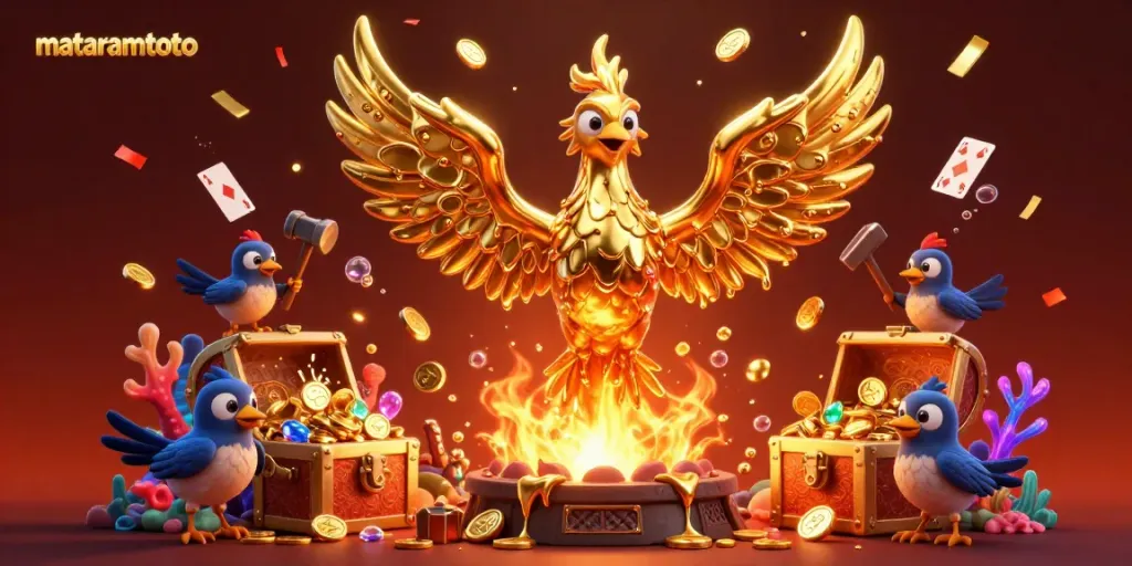 mataramtoto showcases a vibrant 3D golden phoenix and treasure elements celebrating a jackpot.