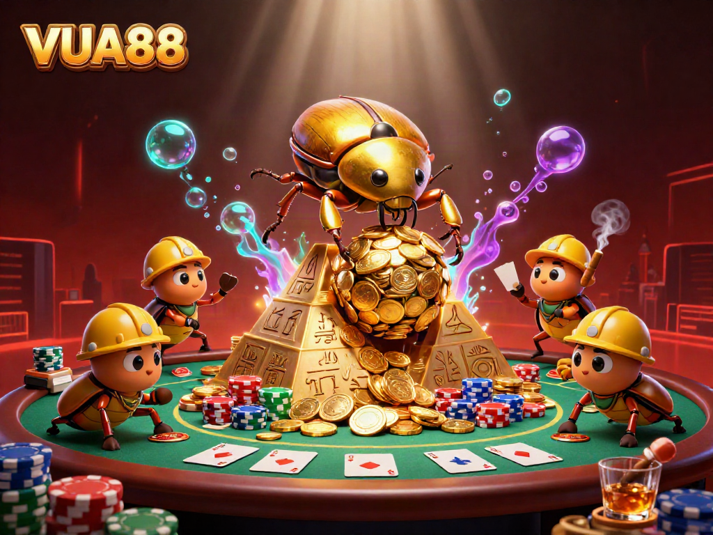 Experience VUA88's thrilling gambling scene with golden coins and poker action in vibrant detail