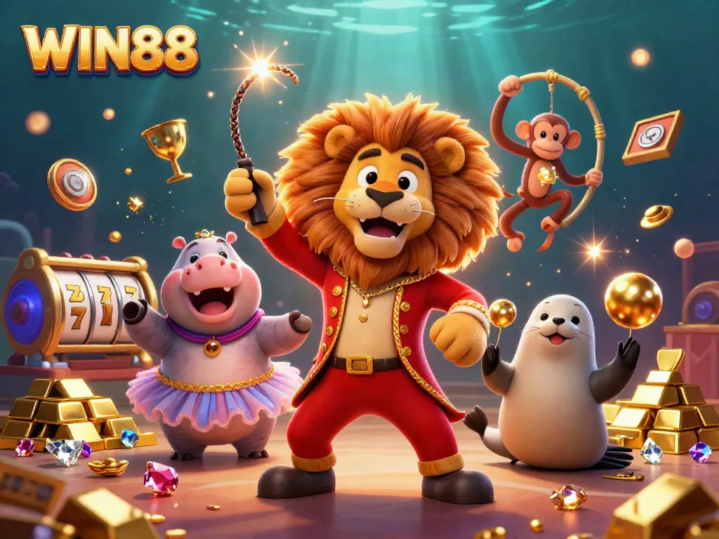Experience the excitement of WIN88 with circus characters and dynamic gaming elements in a vibrant casino scene.