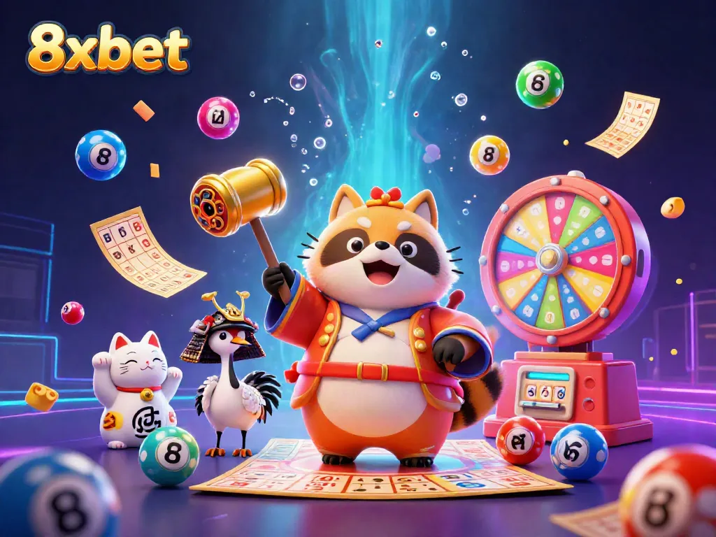 Experience endless entertainment at 8xbet with vibrant characters, lottery elements, and a rich gaming atmosphere.
