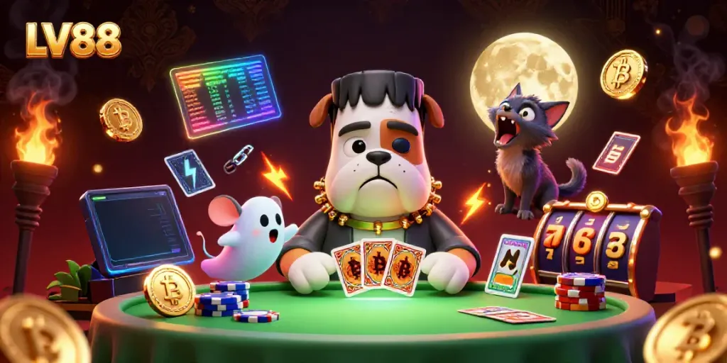 Experience thrilling games at LV88 with a 3D Frankenstein bulldog dealer and whimsical casino elements.