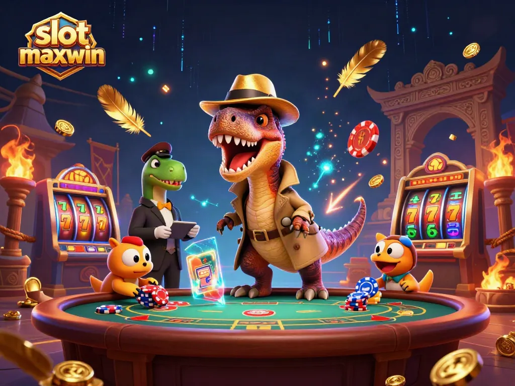 Experience thrilling gameplay with slot maxwin as a velociraptor card counter and dinosaur characters in a dynamic casino scene.