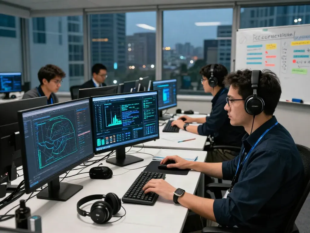 Cyber intelligence analyst monitoring threats at a high-tech operations center with multiple data screens.