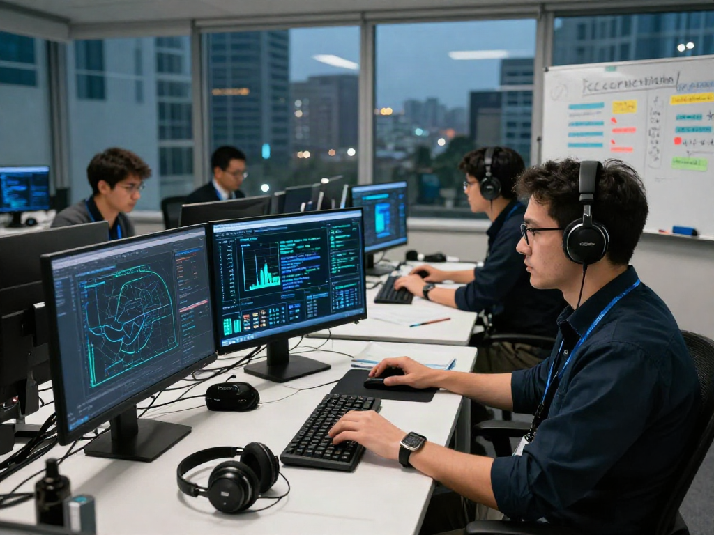 Cyber intelligence analyst monitoring threats at a high-tech operations center with multiple data screens.