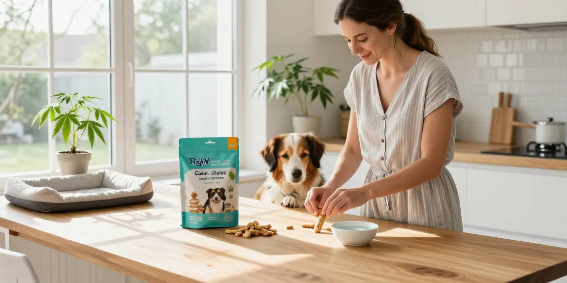 Calming Dog Treats in a warm kitchen setting, promoting a natural wellness routine for dogs.