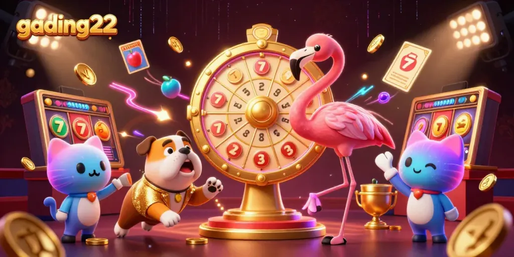 gading22 gaming illustration with flamingo host, bulldog contestant, and dynamic slot elements.
