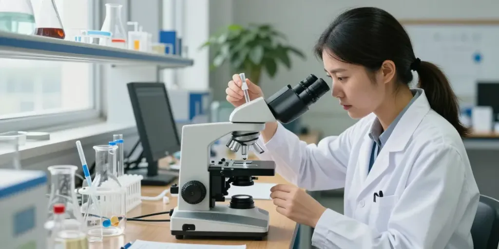 Researching peptide prices in a modern lab showcasing testing equipment and a scientist.