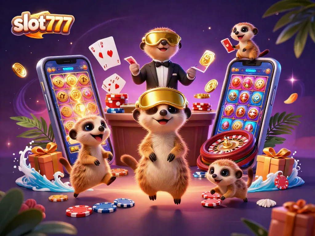 Mainkan slot777 dengan koloni meerkat yang mengoperasikan kasino, menampilkan slot dan koin emas.