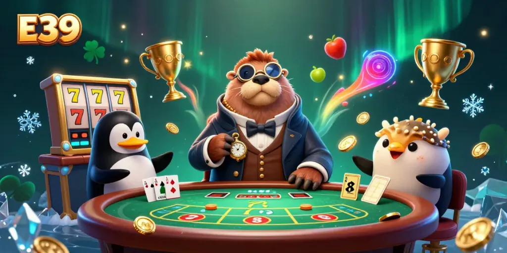 Join the fun at E39 with a walrus, penguin dealer and pufferfish at an underwater slot game table.