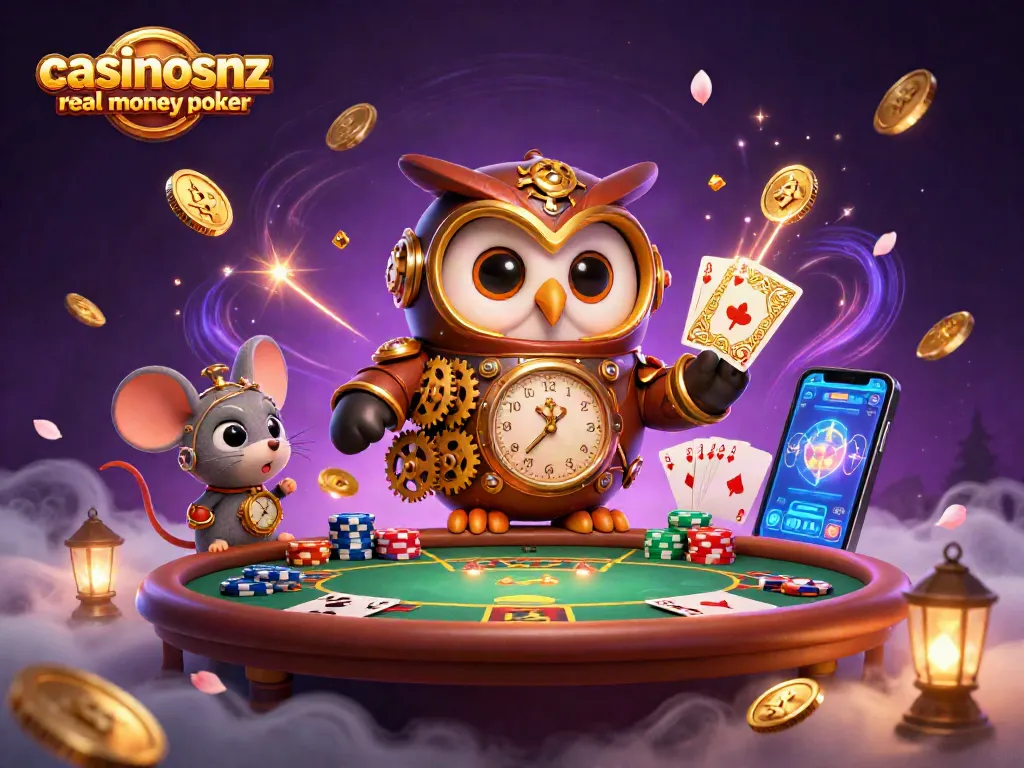 Engage in casinosnz real money poker with vibrant 3D visuals showcasing poker gameplay and winning hands.