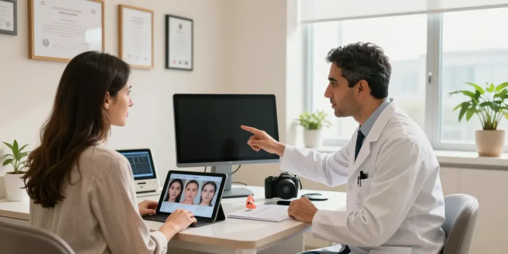 Dr. Zahi Abou Chacra consulting with a patient about rhinoplasty options in a modern clinic.