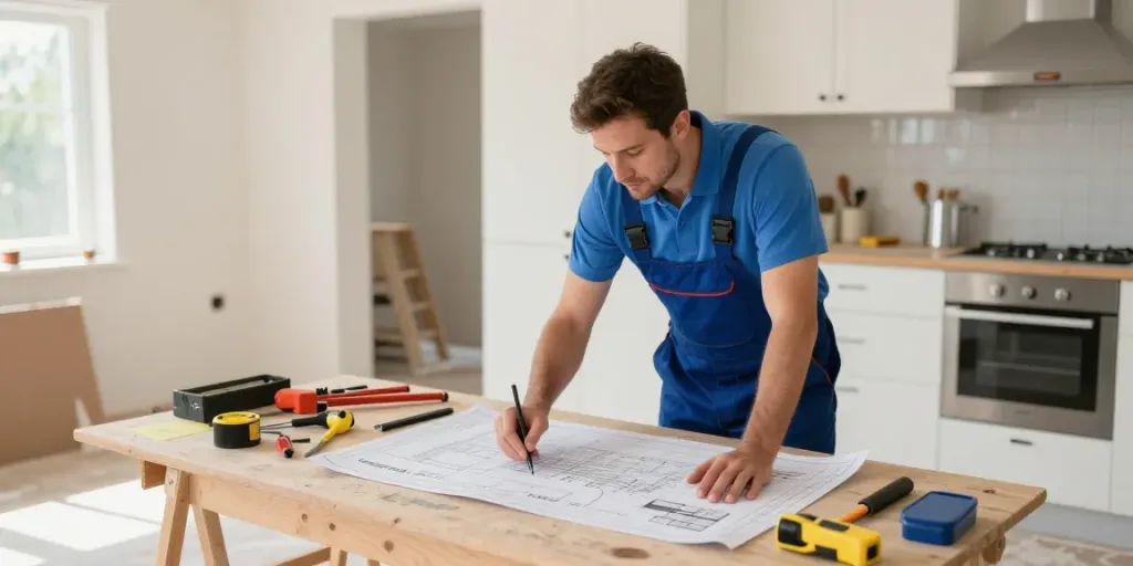 Wish4d: Trusted local contractor reviewing renovation plans at home site.