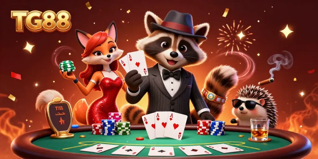Enjoy thrilling poker action with TG88's stylish raccoon, fox, and hedgehog characters in a vibrant casino setting.