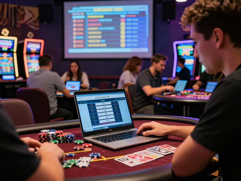 Vigilant player engaging in 먹튀검증 analysis in a lively casino environment, highlighting safety and verification.