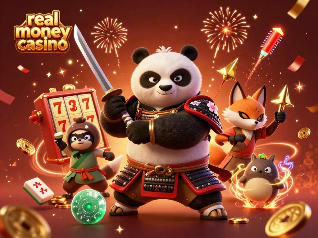 Engaging scene of characters promoting real money casino games amidst vibrant casino elements.