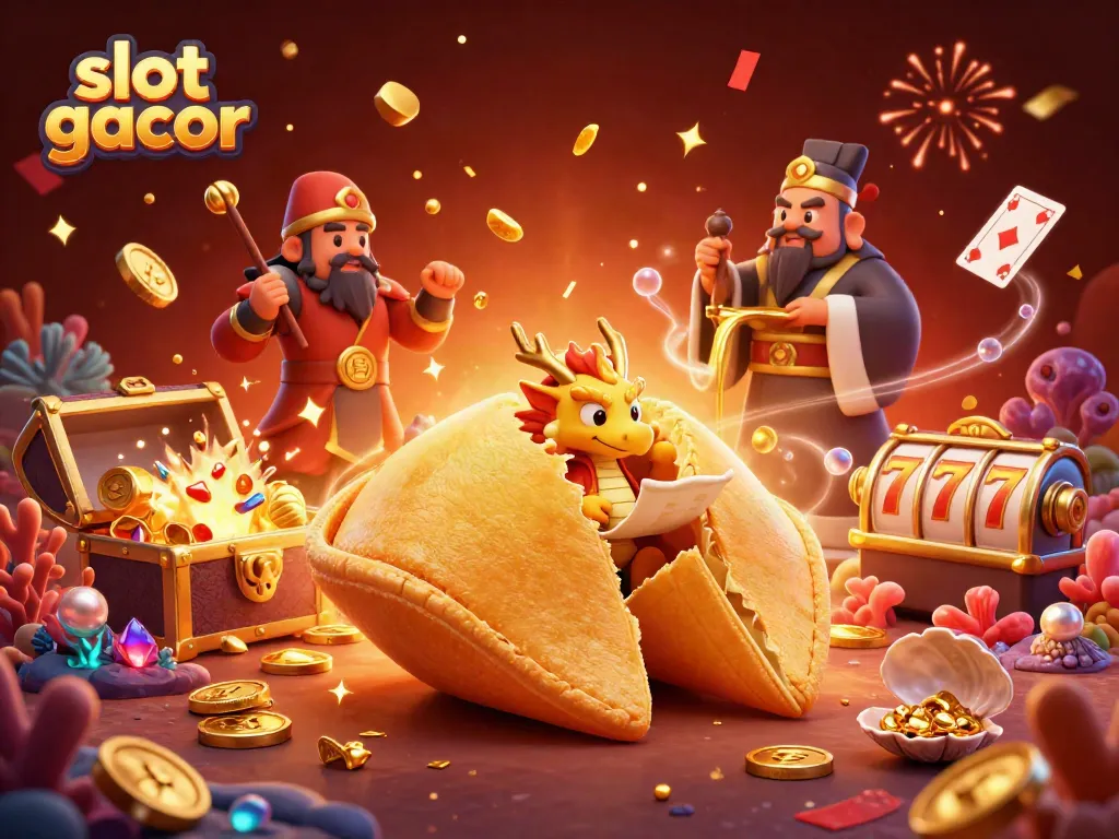 Engage with the slot gacor adventure featuring a giant fortune cookie and dragon amidst gold treasures.