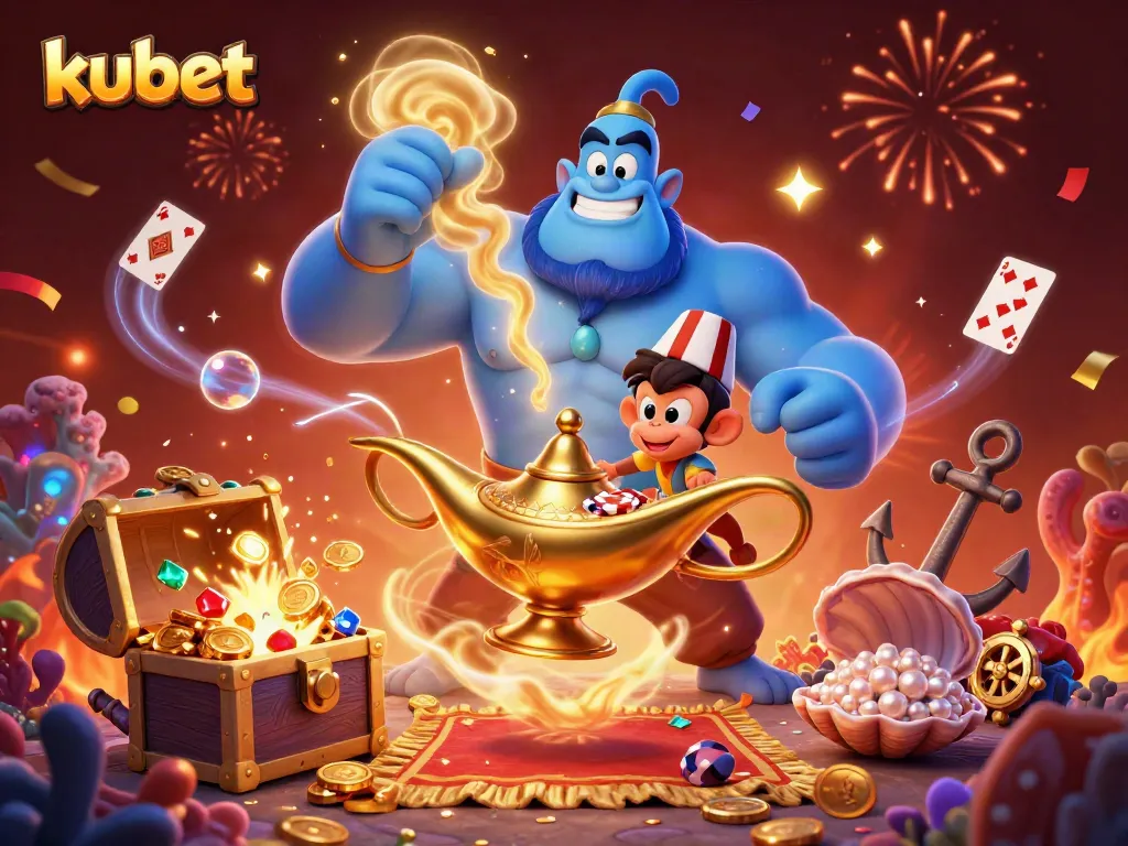 Experience thrilling wins at kubet with lively casino characters amidst vibrant gaming elements.