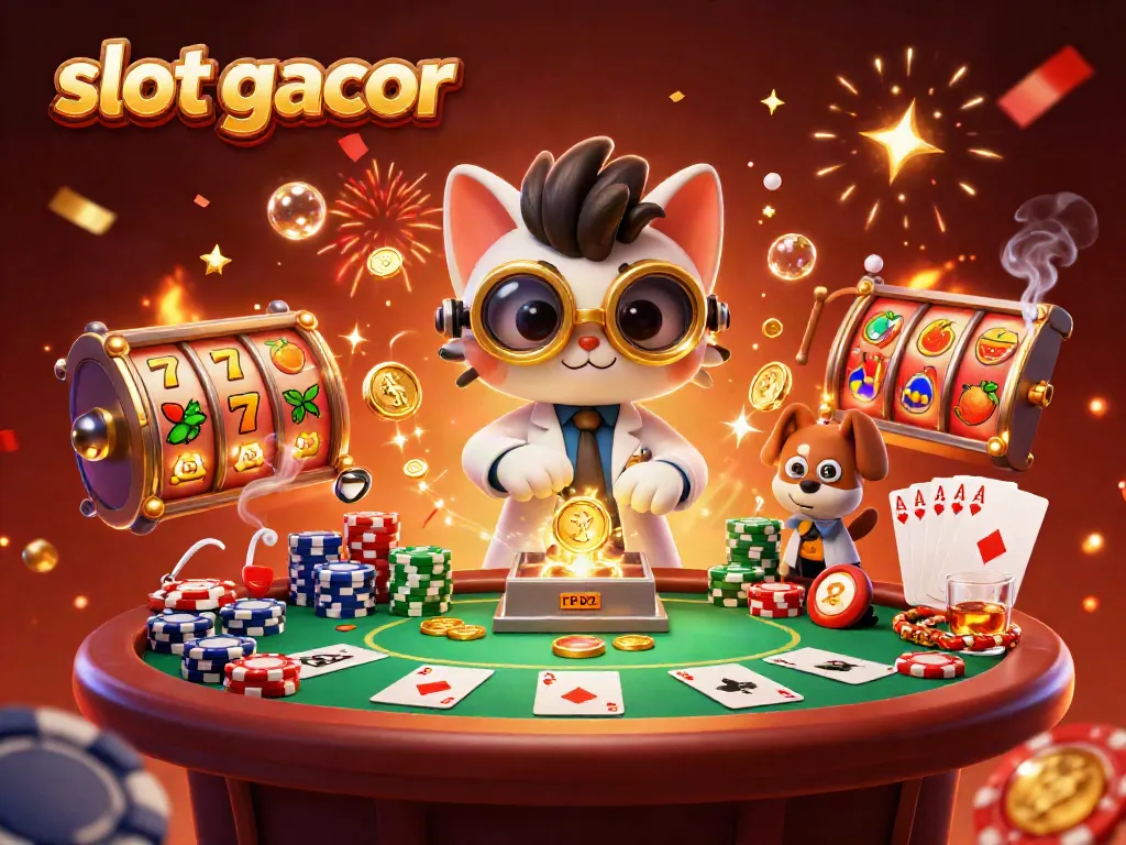 Experience the thrill of slot gacor gameplay with a mad scientist cat and dog creating a jackpot machine.