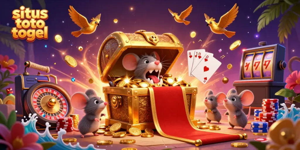 Engaging scene of situs toto togel with glowing treasure chest, coins, and vibrant casino elements