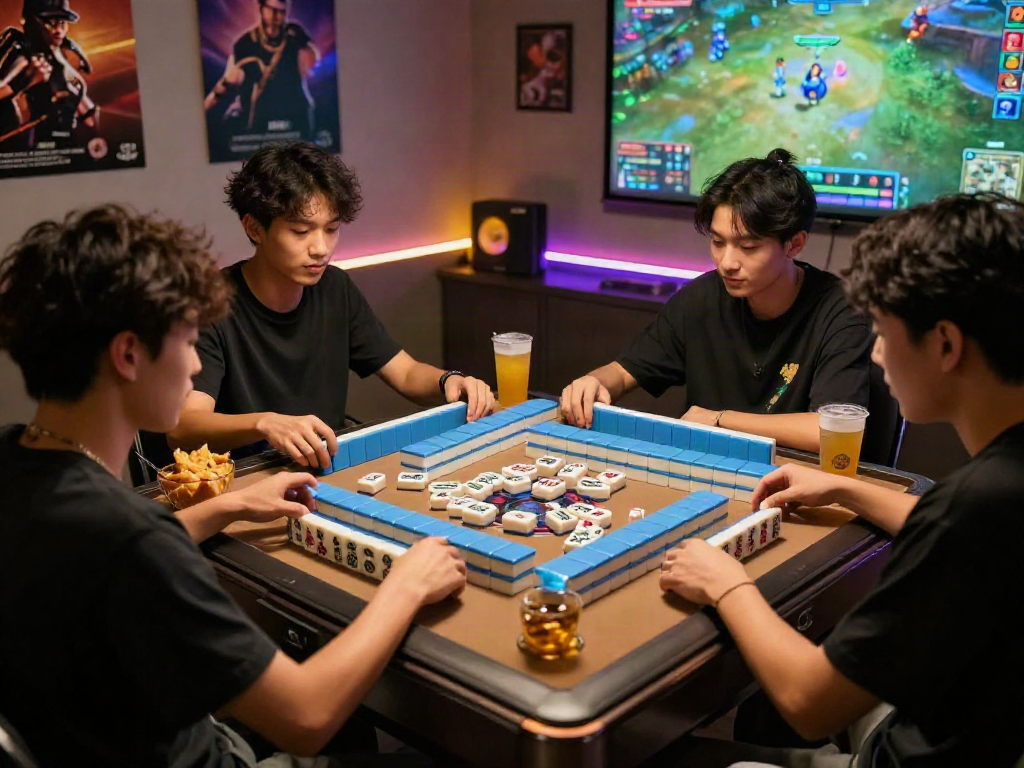Friends enjoying a lively Mahjong game night with MAHJONGJP88 tiles and snacks.