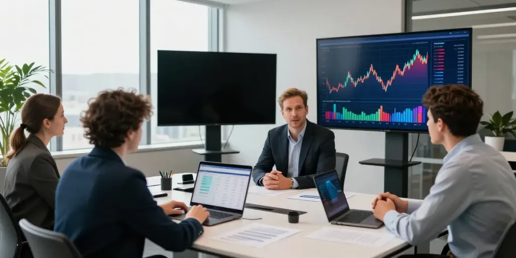 Ed Rempel advising clients on investment strategies in a modern office setting.