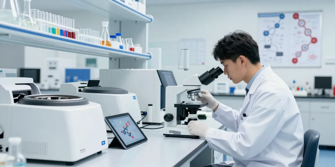 SwissChems scientist analyzing peptide samples in modern lab.