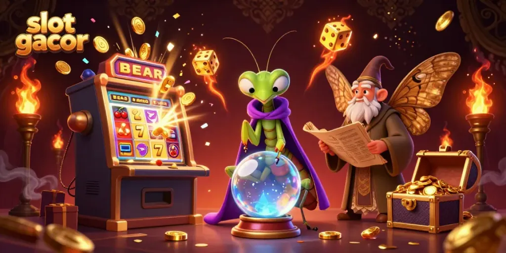Experience the excitement of slot gacor through a vibrant 3D scene filled with characters, jackpots, and colorful casino elements.
