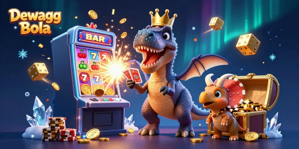 Dewagg Bola: Experience thrilling online betting with animated characters in a vibrant casino setting.